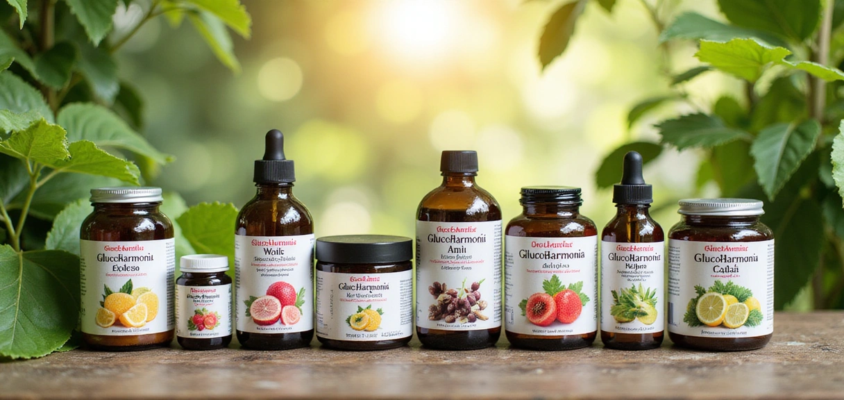Różnorodne produkty Glucoharmoniaplus na tle zielonych liści